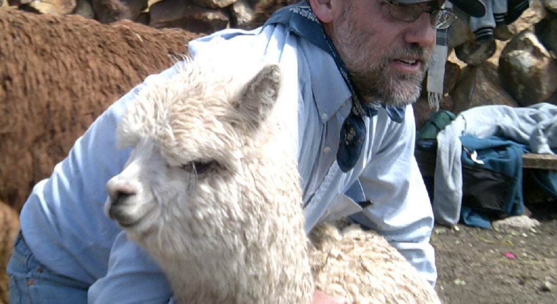 Dr. Bauer hugging an alpaca