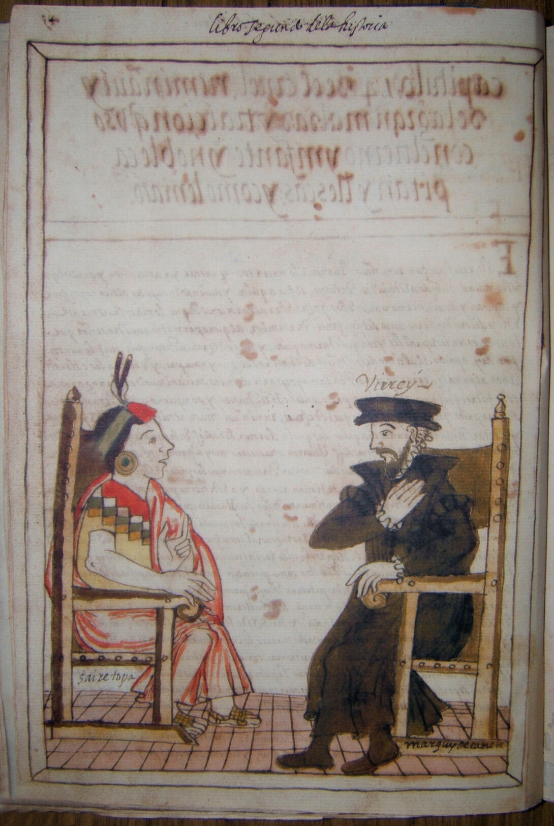 Page from a historical document showing an Inca ruler seated opposite a European colonizer