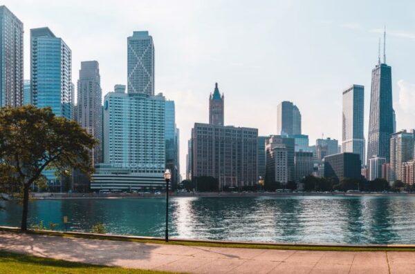 Chicago skyline across water of Lake Michigan
